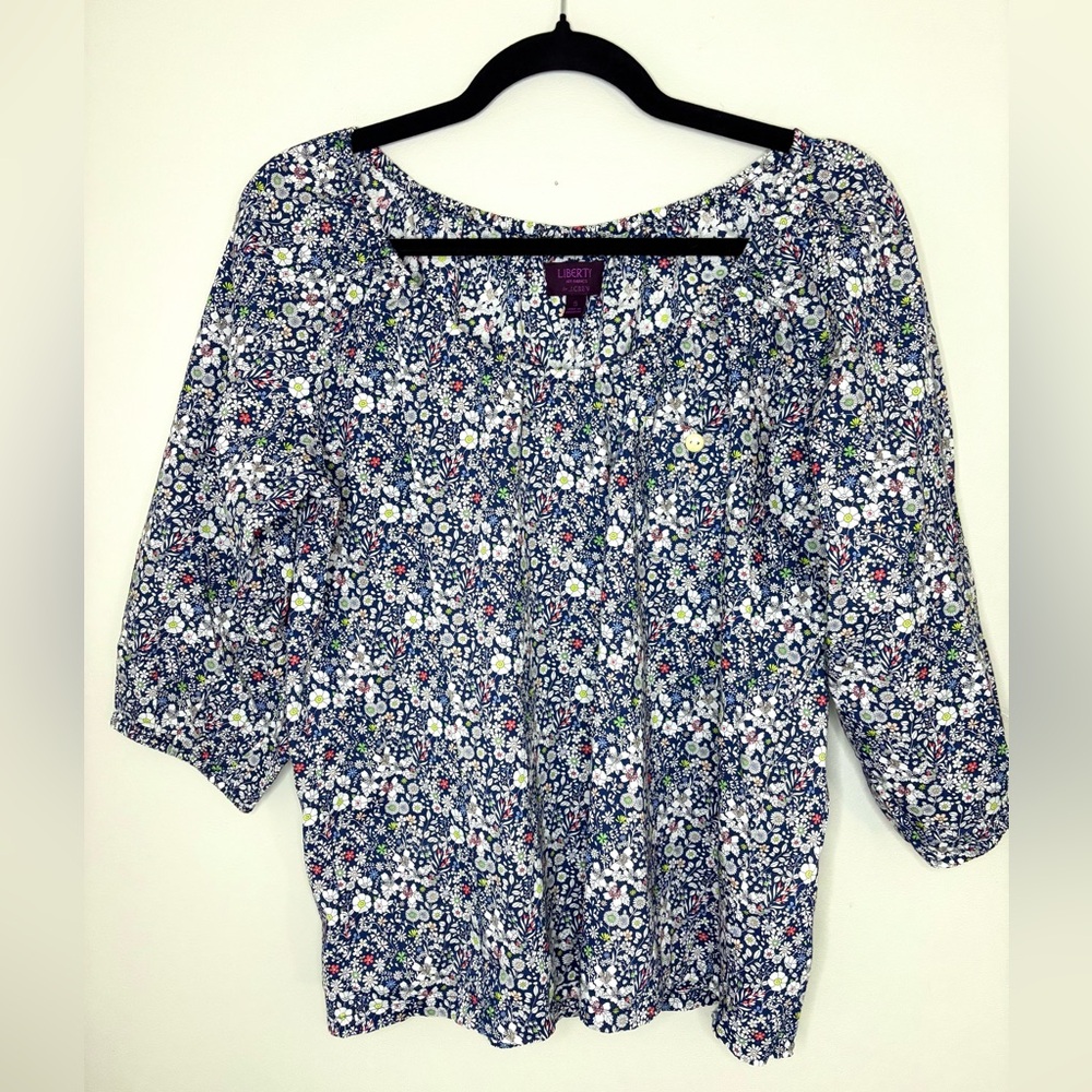 J.Crew Liberty Floral Blouse Navy Small Peasant Boho Top 100% Cotton